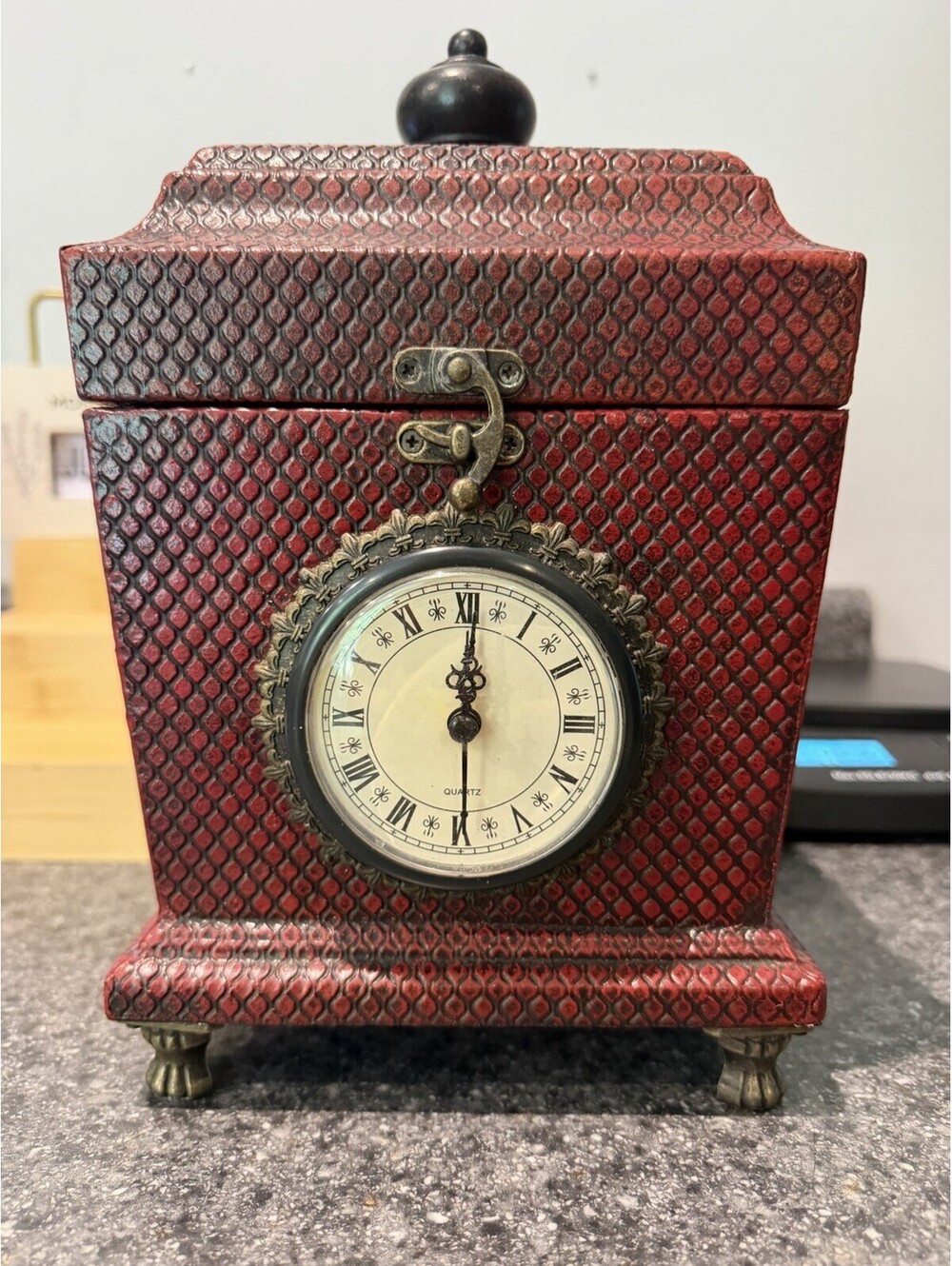 Home Interiors Red Quartz Clock Storage Box  Compartment Trinket Chest
